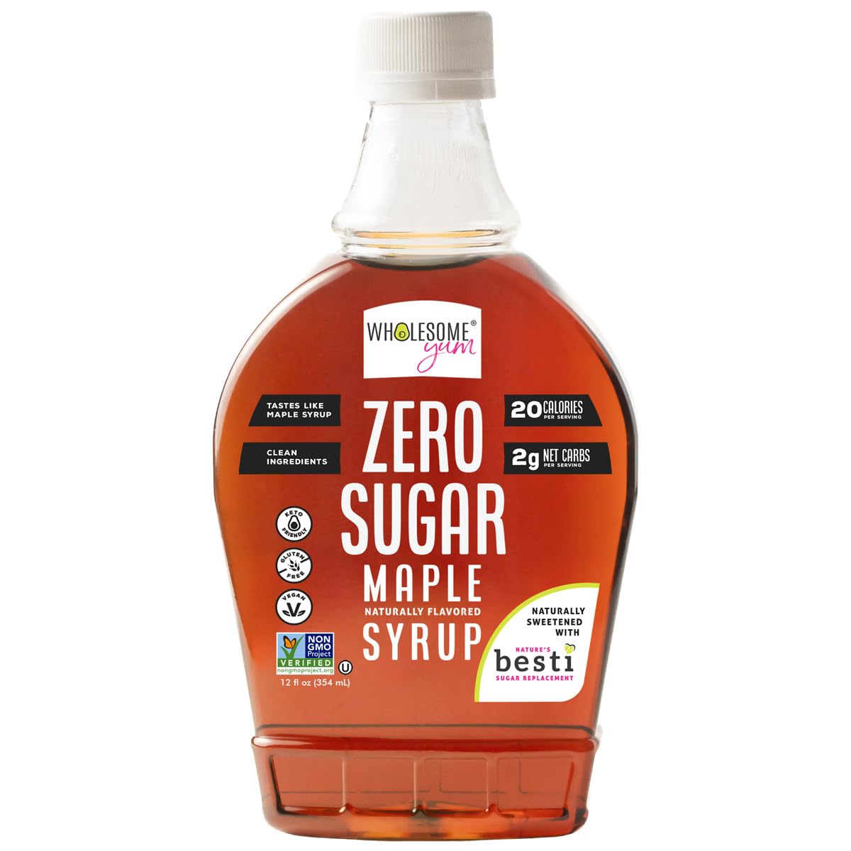 Wholesome Yum Zero Sugar Maple Syrup (Keto Maple Syrup) With Monk Fruit & Allulose - Natural Sugar Free Pancake Syrup - No Artificial Colors Or Flavors  Non GMO  Low Carb  Gluten-Free  Vegan (Plastic bottle - 12 fl oz)