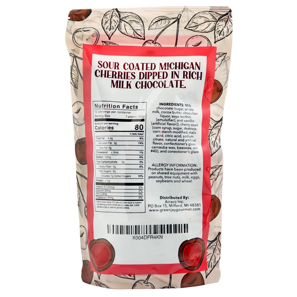 Green Jay Gourmet Chocolate Sour Cherries - Sour Candy Coated Michigan Cherries Dipped In Fresh Milk Chocolate - Handmade Candy
