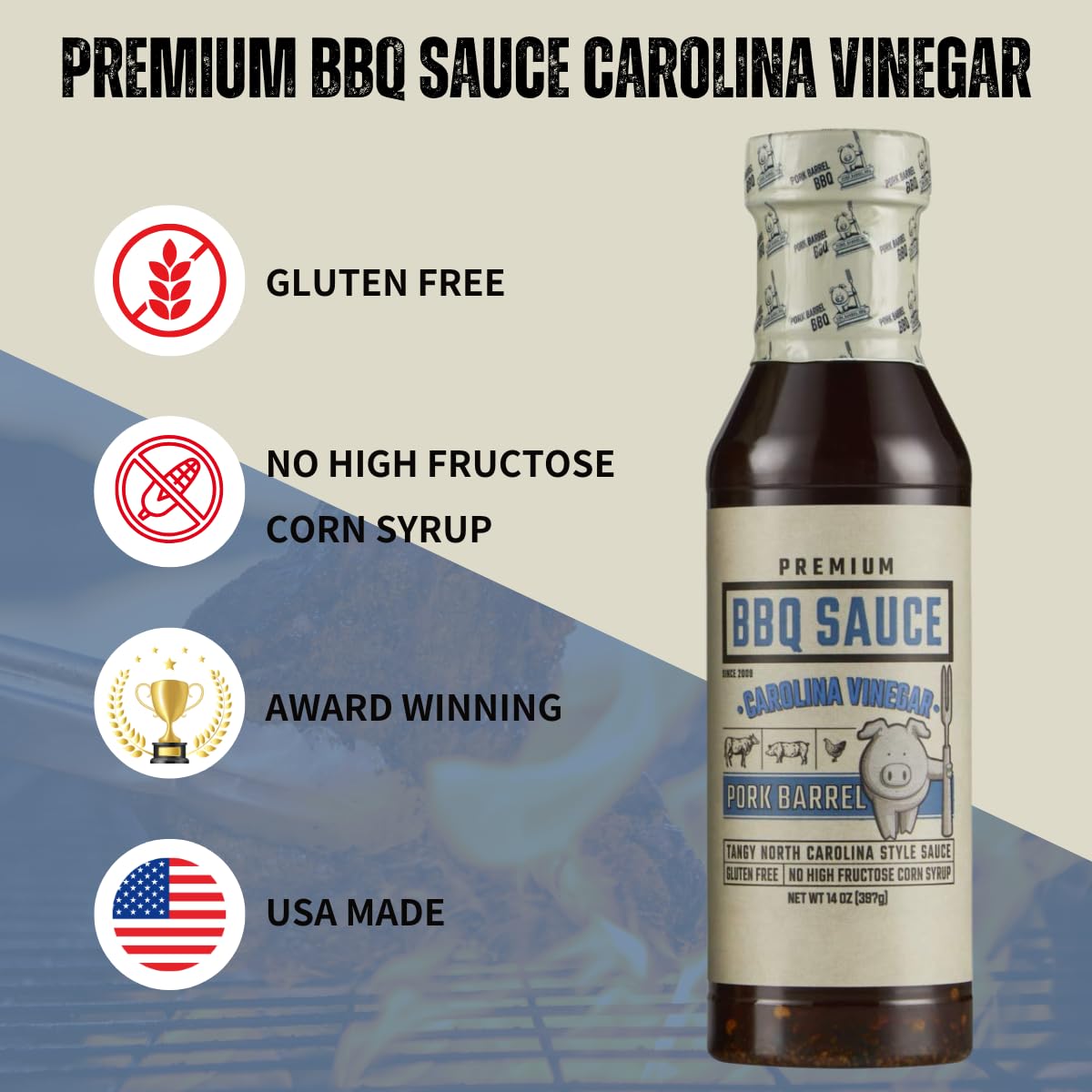 Pork Barrel BBQ Carolina Vinegar BBQ Sauce, Tangy, Gluten-Free, 14 oz - Pack of 2