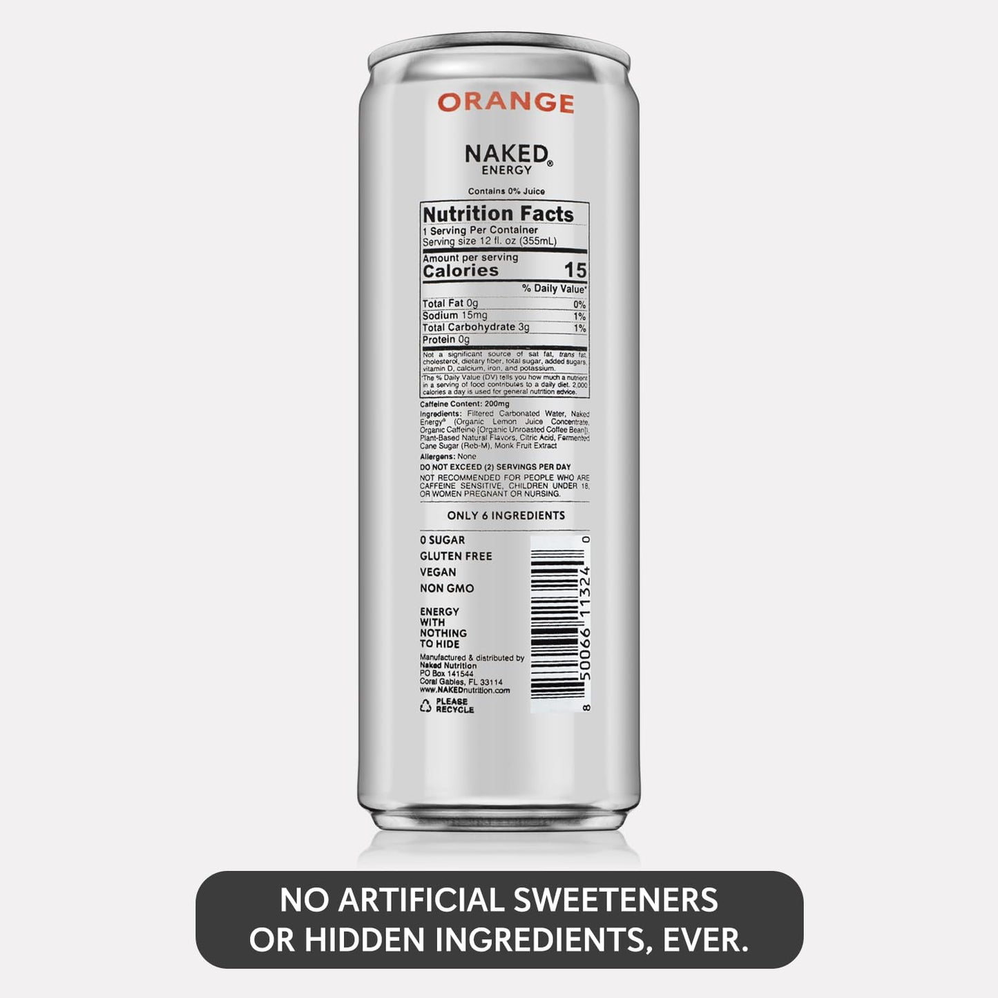 Naked Sparkling Energy Drink - Orange  Organic Caffeine  Organic Lemon Juice  Zero Sugar  No Sucralose  Naturally Sweetened  Natural Energy Drinks  Vegan  Gluten-Free  Non-GMO - 12oz Cans (Pack of 12)