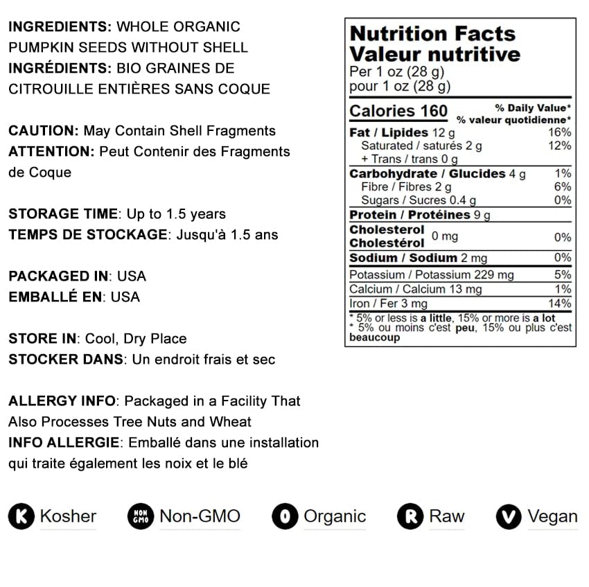 Food to Live Organic Sprouted Pumpkin Seeds, 8 Ounces Non-GMO, Raw Kernels, No Shell, Unsalted, No Oil, Vegan Kosher, Bulk. Keto