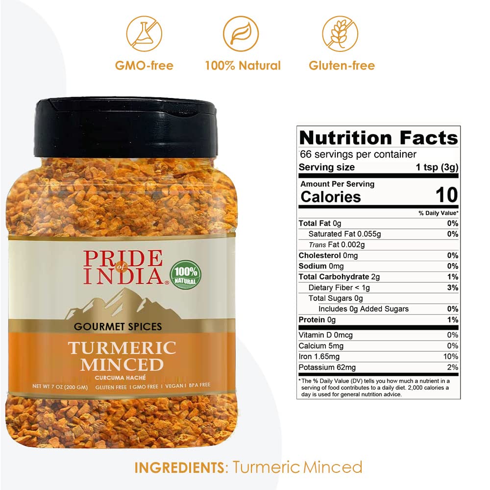 Pride Of India - Pack Of 6 - Turmeric Minced Whole - Gourmet Spice - Curcumin Rich Properties - No Additives Gluten - Easy To Us