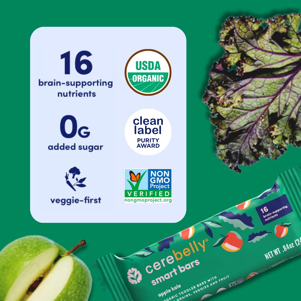 Cerebelly Toddler Snack Bars - Apple Kale Smart Bars (Pack Of 5), Healthy & Organic Whole Grain Bars With Veggies & Fruit, 15 Br