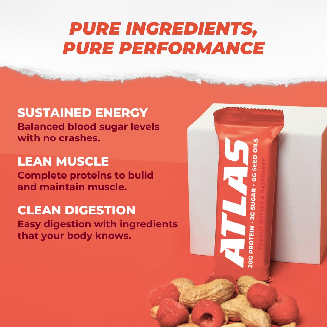 Atlas Bars - 20g Protein, 2g Natural Sugar, 0g Seed Oils (Peanut Butter Raspberry, 24 Count)