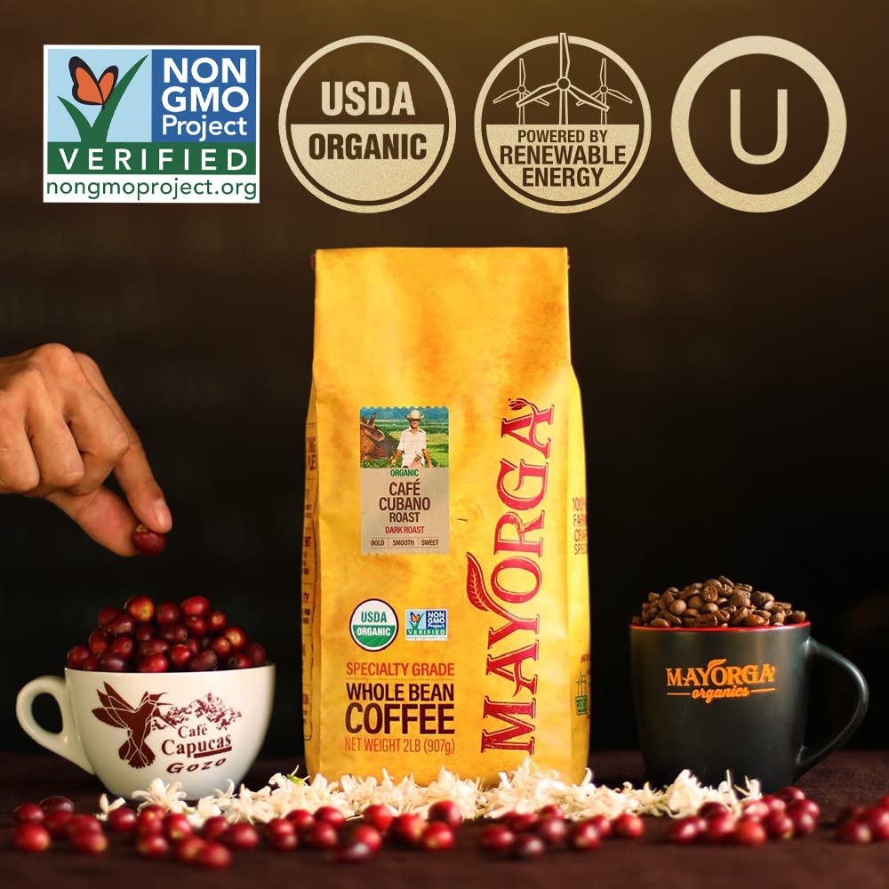 Mayorga Dark Roast Coffee 12oz Cubano Roast Coffee Bag 100% Arabica Whole Coffee Beans - Smoothest Organic Coffee - Specialty Gr