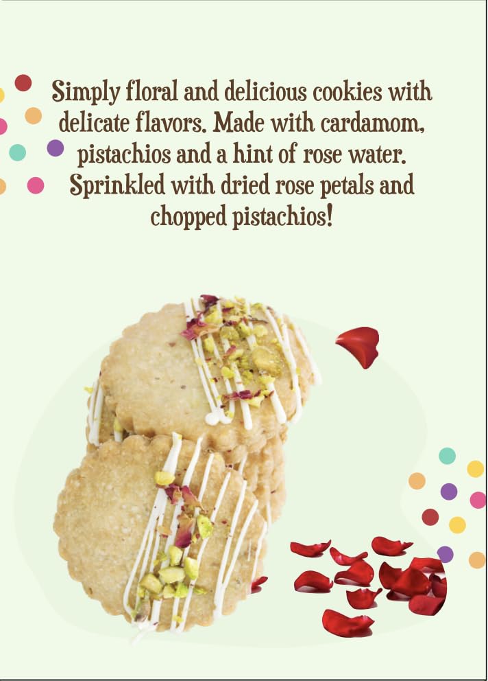 Shubh Kitchen Rose Pistachio Cookies. Authentic Indian flavors, 100% Eggfree and Vegetarian, No Artificial Flavors or Preservati