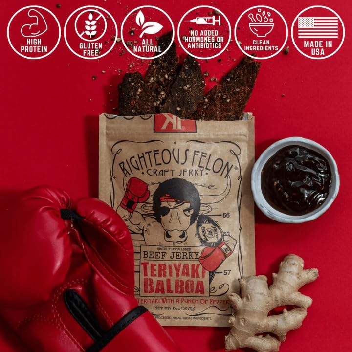 Righteous Felon Beef Jerky - Teriyaki Balboa Jerky - Gluten-Free Snacks - All-Natural, Locally Sourced & Dried Beef Jerky - Low-