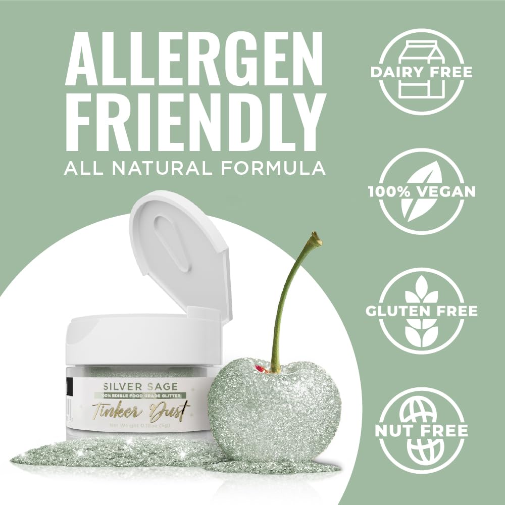 Bakell - Silver Sage Tinker Dust (5G, 1X Jar) Edible Glitter For Food, Desserts, And Beverages!