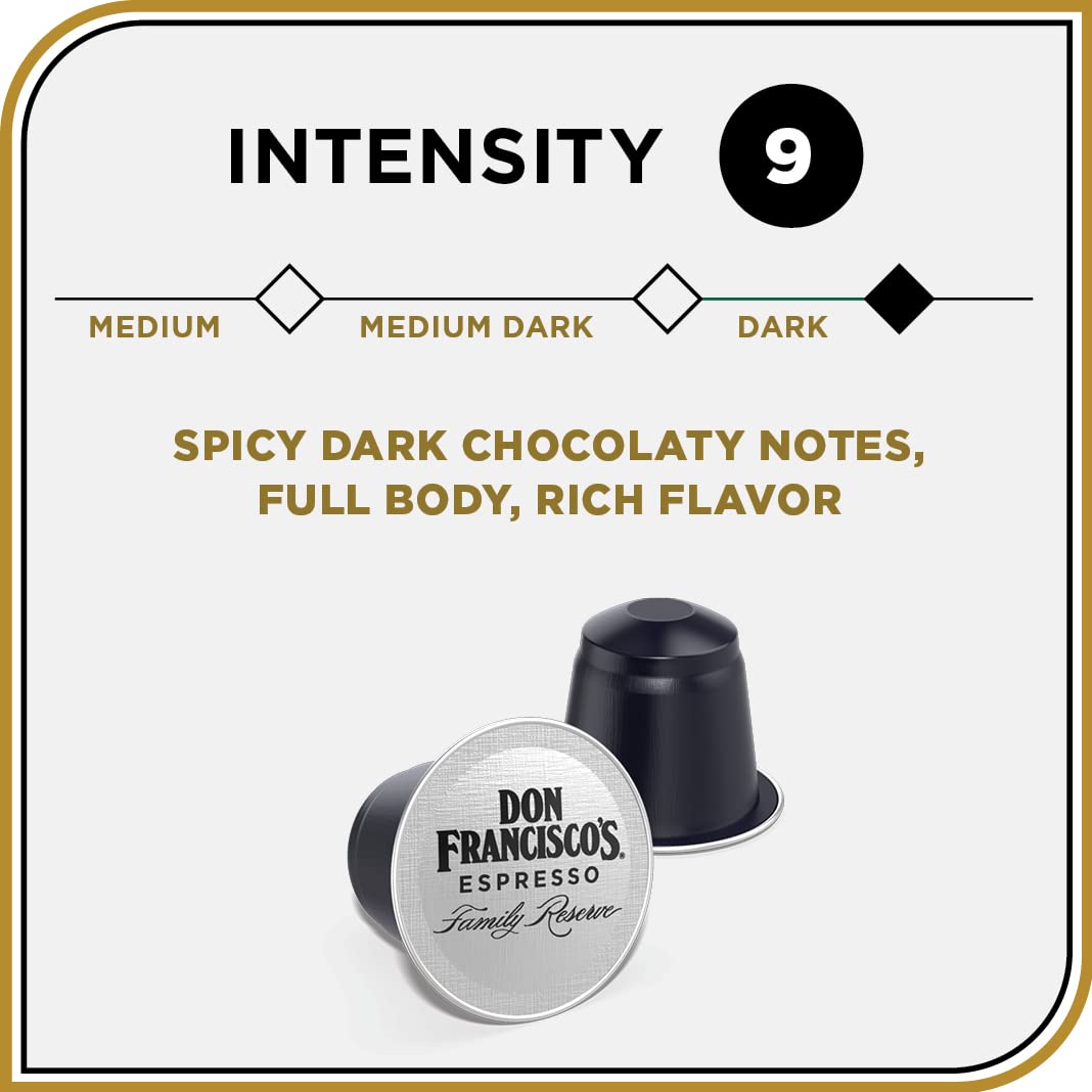Don Franciscos Espresso Pods - 80 Recyclable Aluminum compact pieces, Dark Roast, Intensity 9, Compatible with Nespresso, Coffee, 10 Count (Pack of 8)
