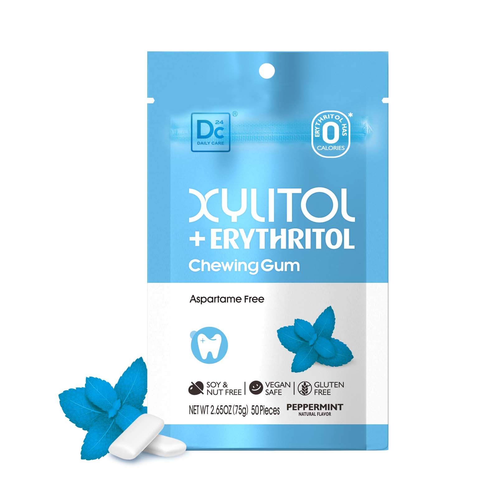 DC24 DAILY CARE Gum, Aspartame Free & Sugar Free Gum, Xylitol Chewing Gum with Erythritol, Low-Calorie, Sugarless, Natural Peppe