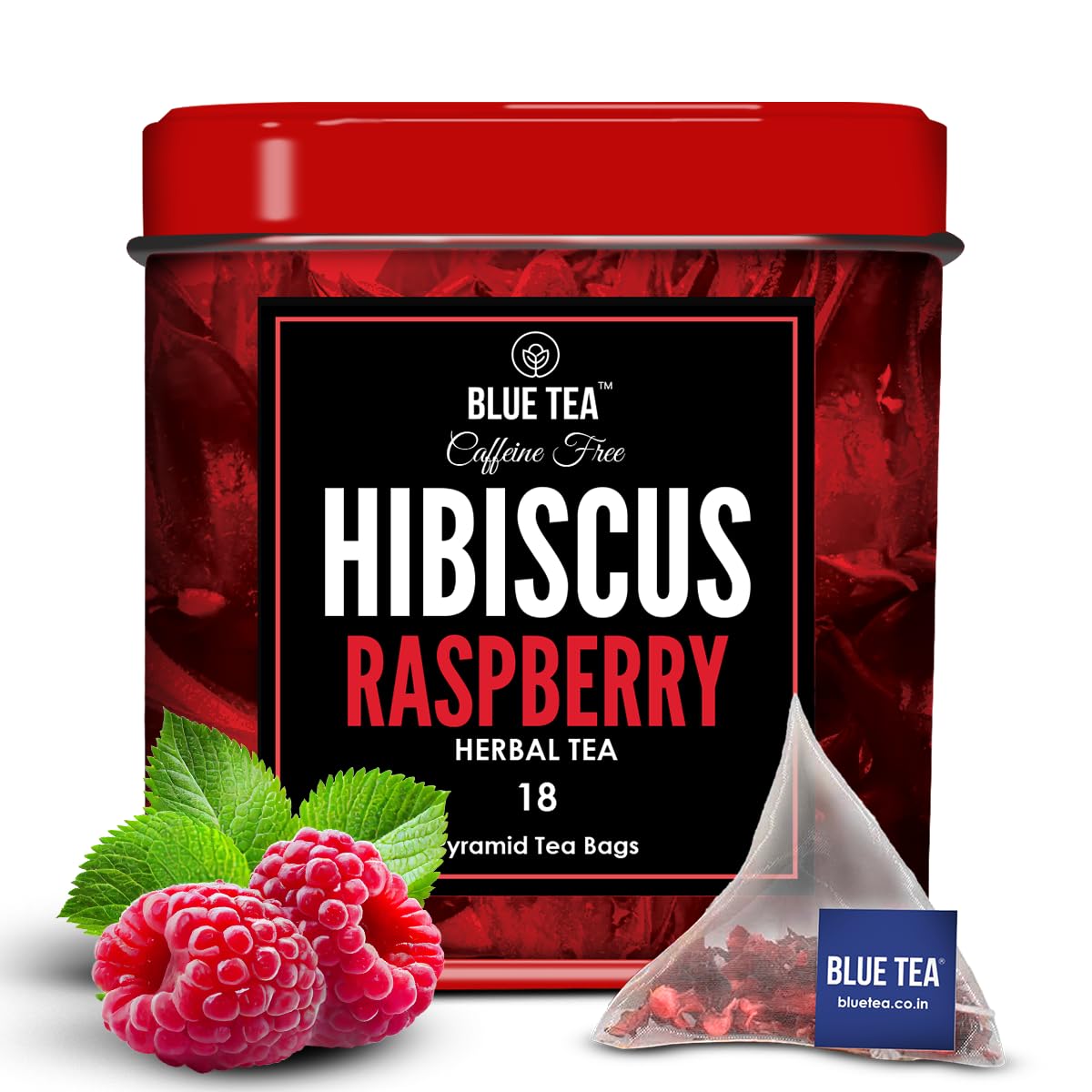 BLUE TEA Hibiscus Tea - Raspberry Flavor - 18 Count Pyramid Tea Bags - Caffeine Free, Vegan, Non-GMO, Tin Packaging