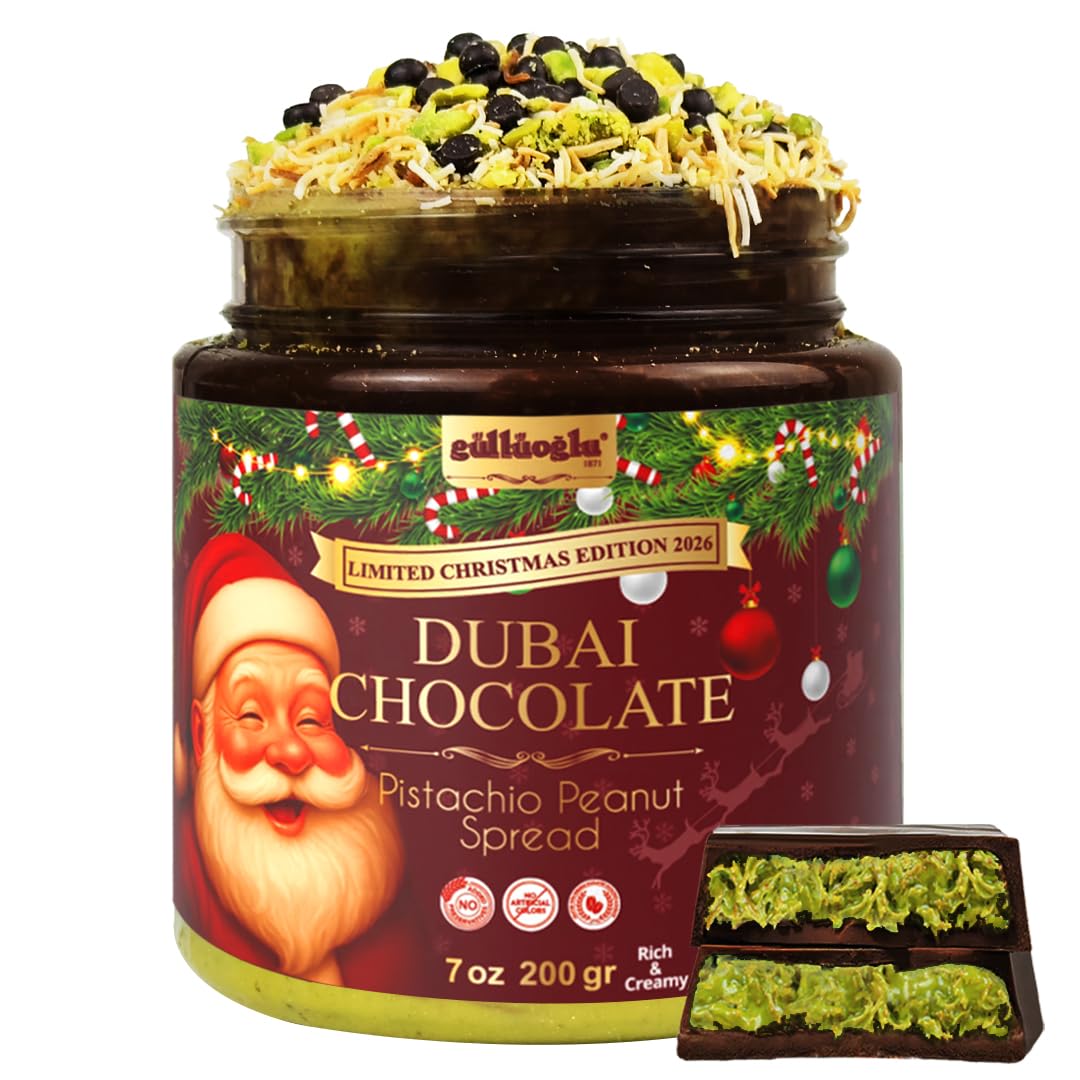 Gulluoglu Christmas Edition - Dubai Chocolate Pistachio Peanut Spread In Festive Holiday Jar | Limited Seasonal Gourmet Halal Dessert (Dark Chocolade 7 Oz (200G))