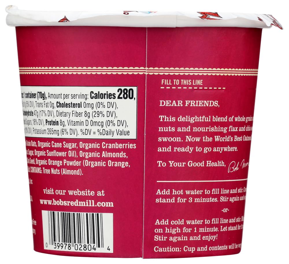 Bob 'S Red Mill Organic Gluten-Free Oatmeal Cup, Cranberry Orange, 2.47 Oz (Pack Of 1)