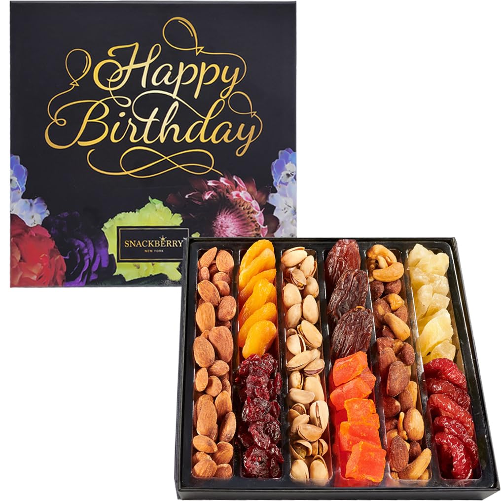 Happy Birthday Dried Fruit & Nuts Gift Basket Arrangement Platter, Gourmet Food Snack Box, Birthday Care Package, Healthy Kosher