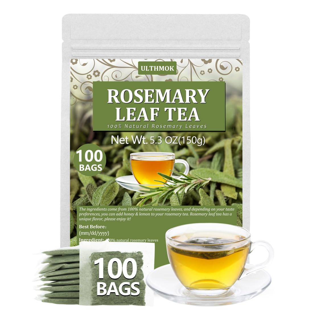 ULTHMOK Premium Rosemary Tea Bags - 100% Pure Natural Rosemary, Caffeine Free, 100 Count