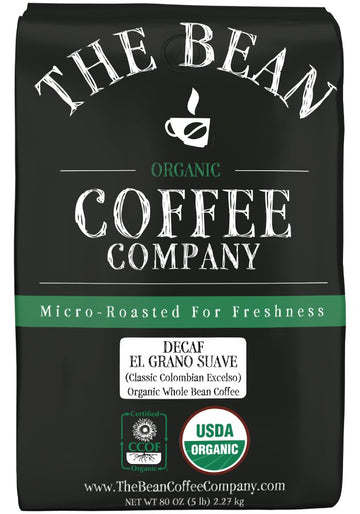The Bean Organic Coffee Company Water Processed Decaf South America Blend, Medium Roast, Whole Bean Coffee, 5-Pound Bag