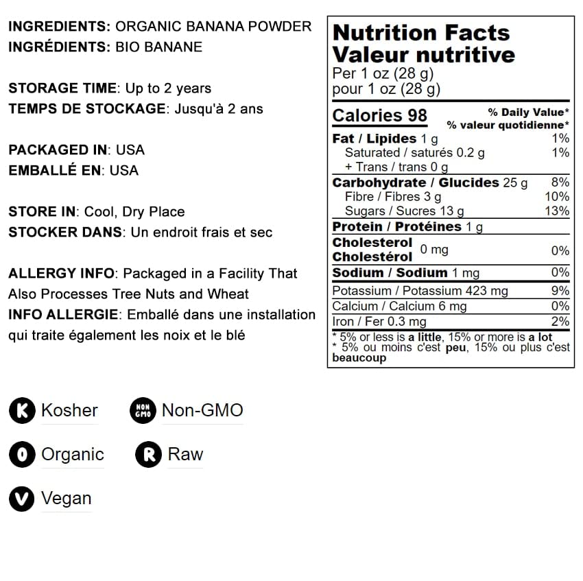 Food To Live Organic Ripe Banana Powder, 1 Pound - Non-Gmo And Raw Whole Fruit Flour, Unsweetened, Unsulfured, Vegan, Kosher, Bulk Dried Platano, Rich In Dietary Fiber, Potassium, And Copper