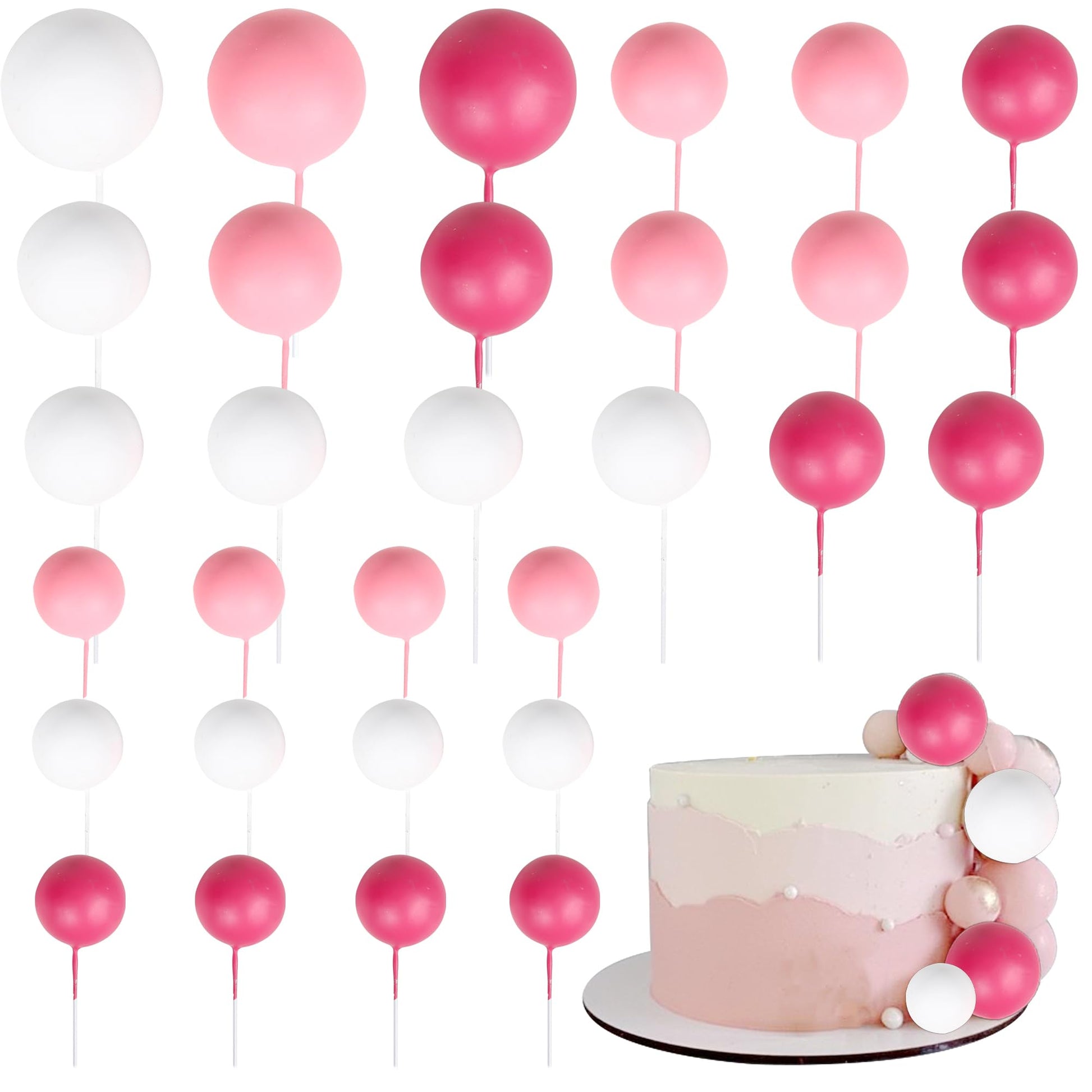Rsstarxi Mini Balloons Cake Toppers - 30 PCS Foam Balls for Baby Shower, Wedding, Kids Birthday - Red, Pink, White