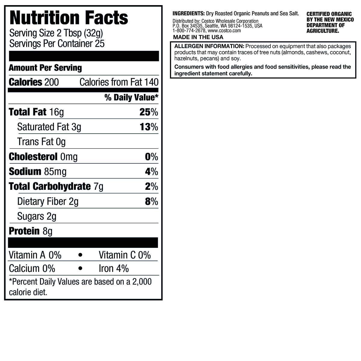 Kirkland Organic Creamy Peanut Butter U.S. Valencia Peanuts 28 Ounce Each Jar 2 Pack