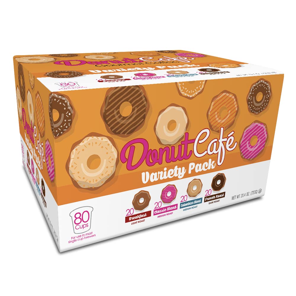 Donut Café Single Serve Coffee Pods For Keurig K Cup Malt-Inspired, Light Medium And Dark French Roast, Breakfast Classic Blend, Colombian, Variety Pack, 80 Count