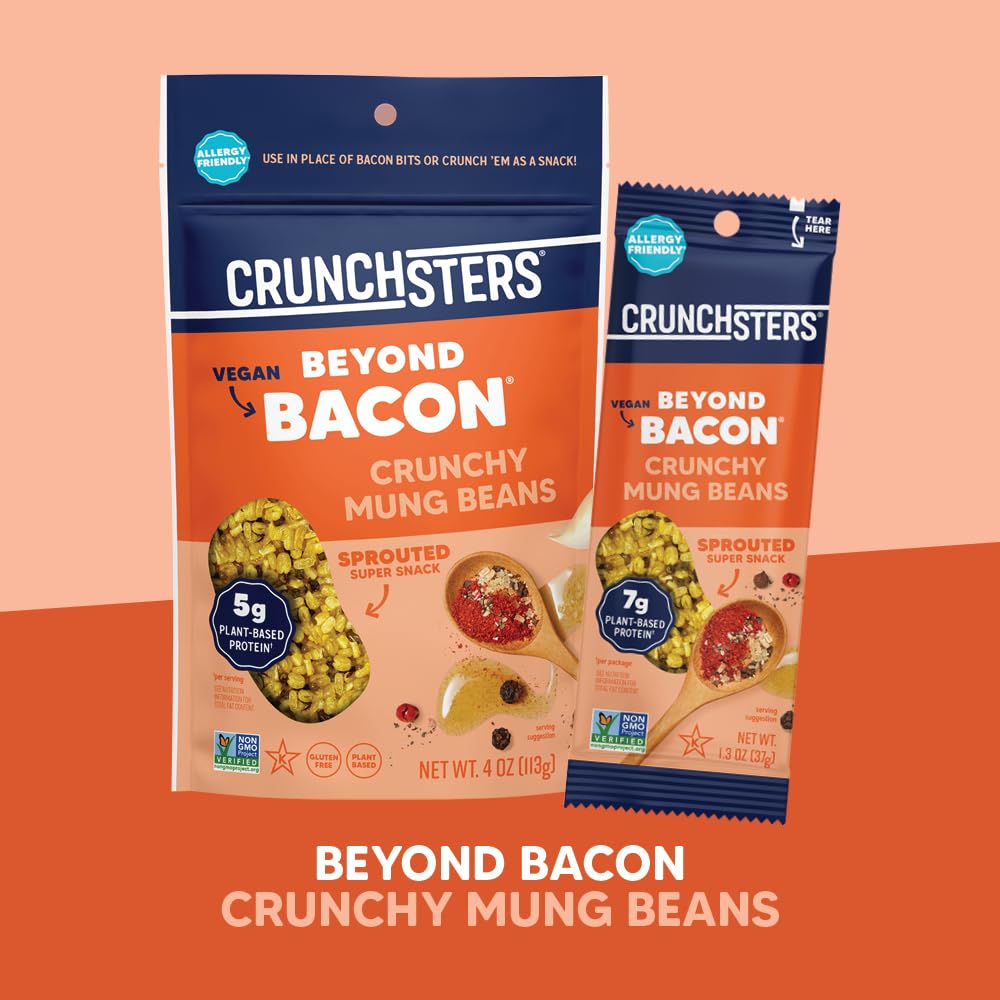 Crunchsters Sprouted Mung Beans, Plant-Based Protein Super-Snack, Gluten-Free, Vegan, 1.3oz Bags, Beyond Bacon, 12-Pack
