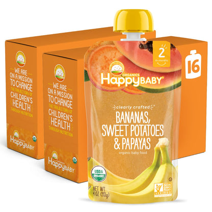 Happy Family Happy Baby Organic Clearly Crafted Stage 2 Baby Food Bananas, Sweet Potatoes & Papayas, 4 Pouch (Pack of 16), Banan