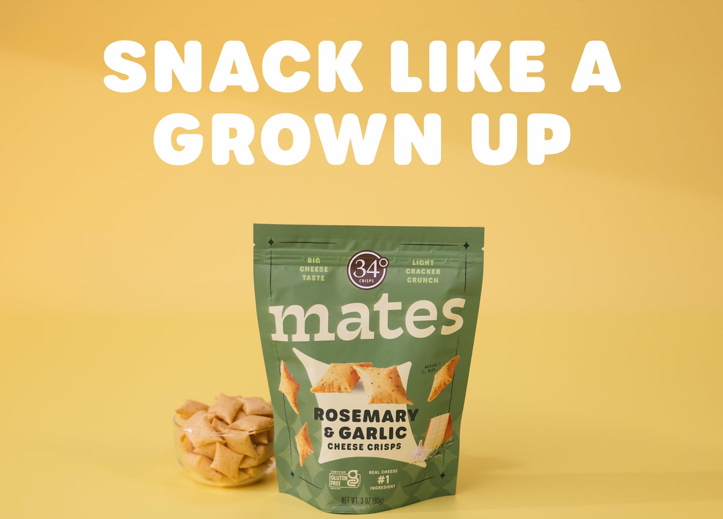 34 Degrees Mates Rosemary Garlic Cheese Crisps - Light & Crispy Gouda Cheese Crackers | Gluten-Free, Low Calorie, Healthy Snack