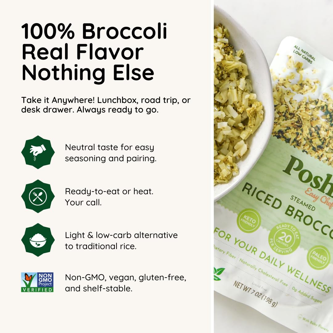 Poshi Riced Broccoli | All Natural, Fully Cooked, Ready To Eat, Non-Gmo, Low Calorie + Carb, Gluten Free, Vegetable Rice, Meals,