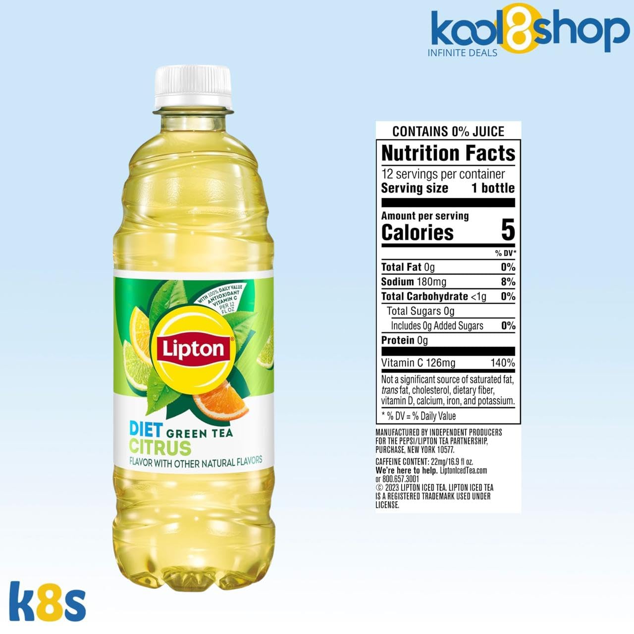 Lipton Diet Citrus Green Tea 16.9 Fl Oz Plastic Bottle 12 Pack + 15 Sugarcane Disposable Straws By Kool8Shop Infinite Deals