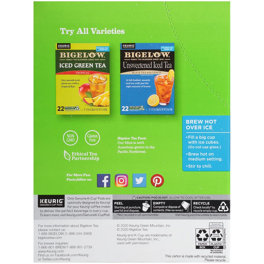 Bigelow Unsweetened Perfectly Mint Iced Tea K Cups, 22 Count Box (Pack Of 1), Caffeinated 22 K Cup Pods Total