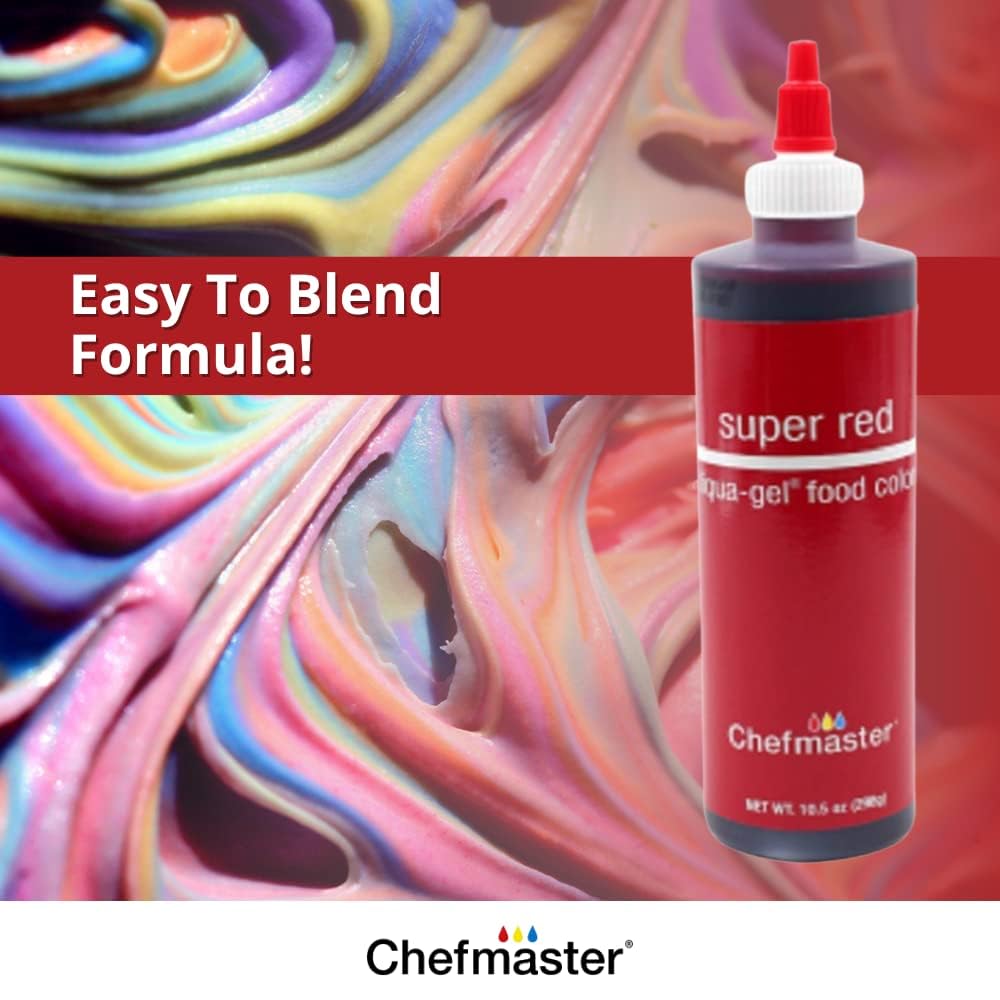 Chefmaster Super Red Liqua-Gel® Food Coloring | Vibrant Color | Professional-Grade Dye For Icing, Frosting, Fondant | Baking & Decorating | Fade-Resistant | Easy-To-Use | Made In Usa | 10.5 Oz