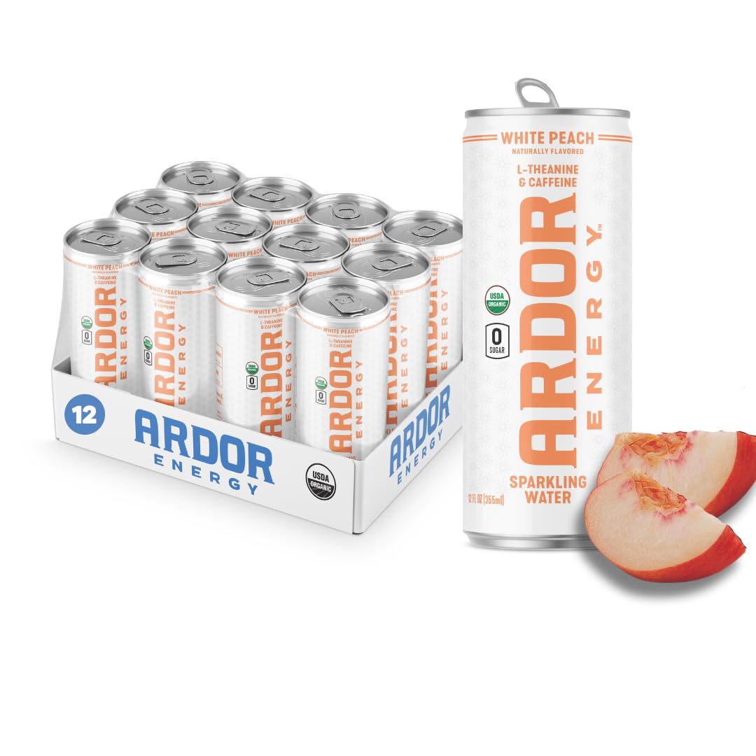 ARDOR ENERGY Sparkling Water, White Peach, 12 Fl Oz, 12 Pack, 100mg Organic Caffeine, No Sugar, Vegan, Gluten Free