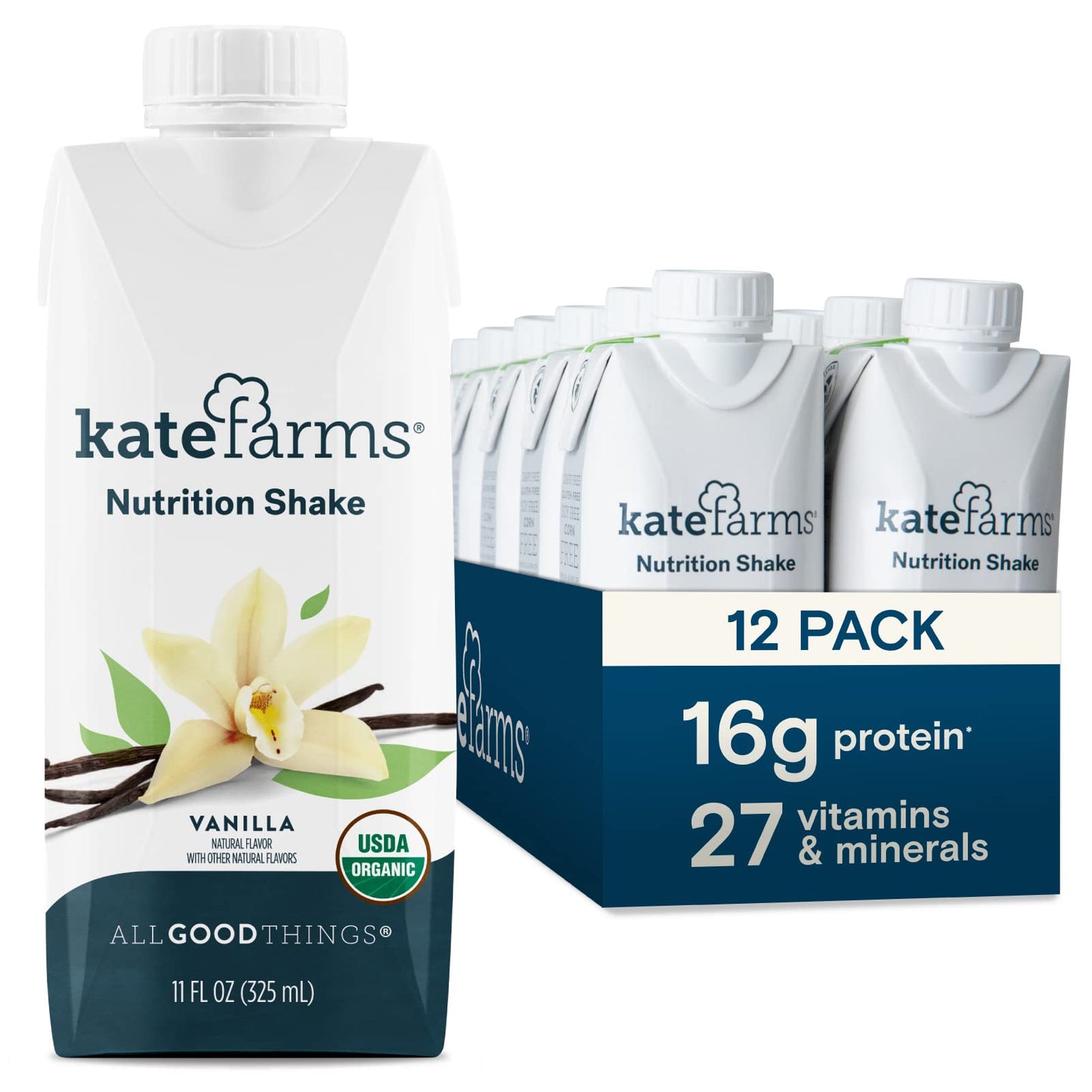 Kate Farms Organic Nutrition Shake, Vanilla, 16G Protein, 27 Vitamins And Minerals, Meal Replacement, 11 Oz, 6 Pack