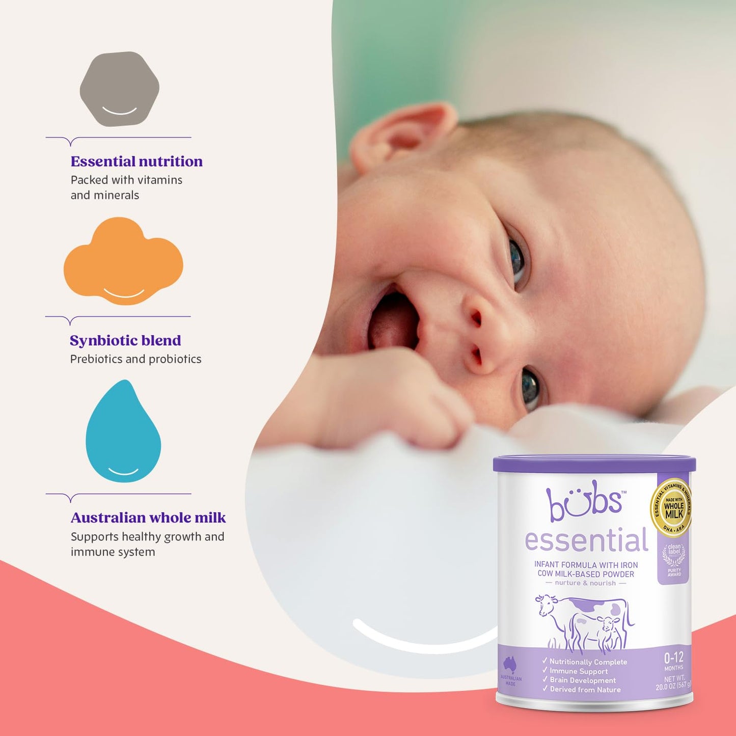 Bubs Essential Infant Formula, With Iron, Cow Milk-Based Powder, For Infants 0-12 Months, Made With Non-Gmo Milk, 20 Oz