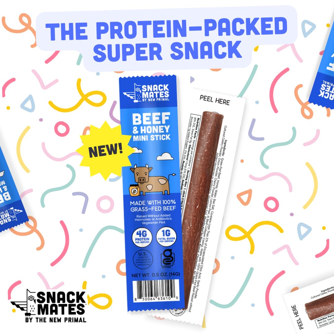 New Primal Snack Mates Beef & Honey Sticks  Healthy Snacks for Kids  Low Sugar High Protein Back to School Snacks  Gluten Free  Mini Jerky Meat Stick  4g Protein  50 Calories  15 Pack