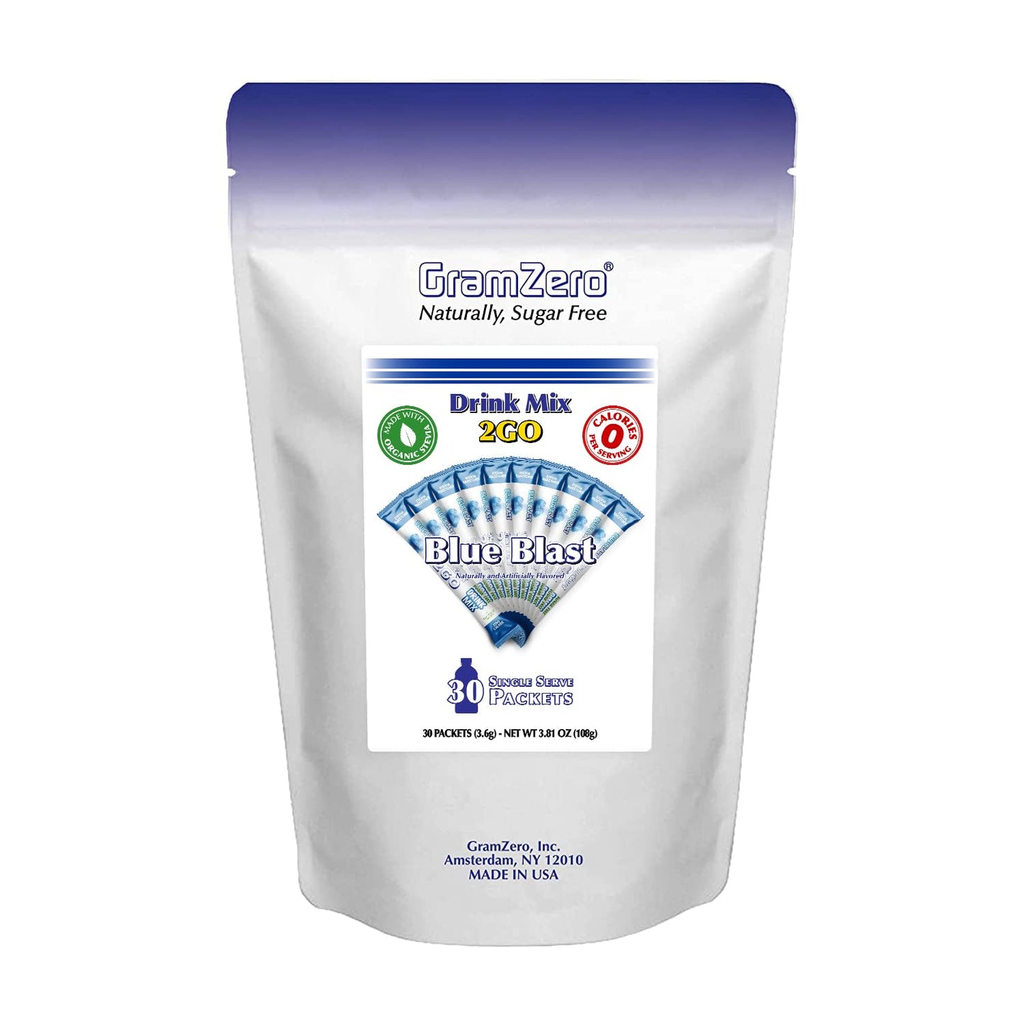 GramZero 2GO Sticks - Blue Blast, Zero Calorie Sugar Free Drink Mix, Stevia Sweetened, Great For Nutrition Club Loaded Tea To Go