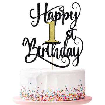 Happy 1Th Birthday Cake Topper, 1 Birthday Party Cake Decorations (Black And Gold Flashes, 1St)