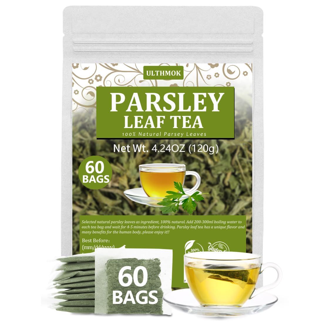 ULTHMOK Premium Parsley Tea Bags, 100% Natural, Caffeine Free, 60 Count