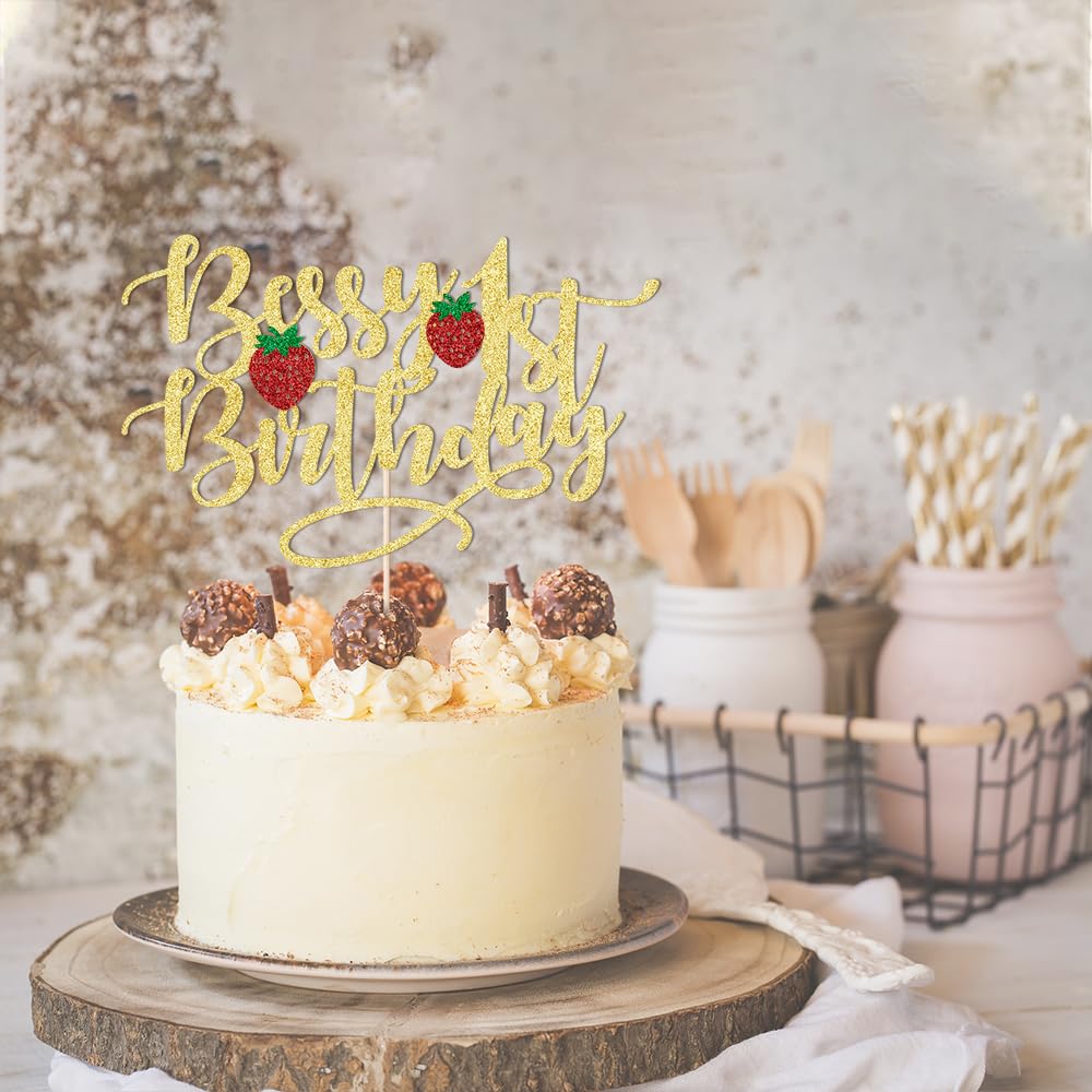 1 Pcs Berry 1St Birthday Cake Topper-Gold Glitter Sweet Fruit Theme First Birthday Strawberry One Cake Pick For Strawberry Theme