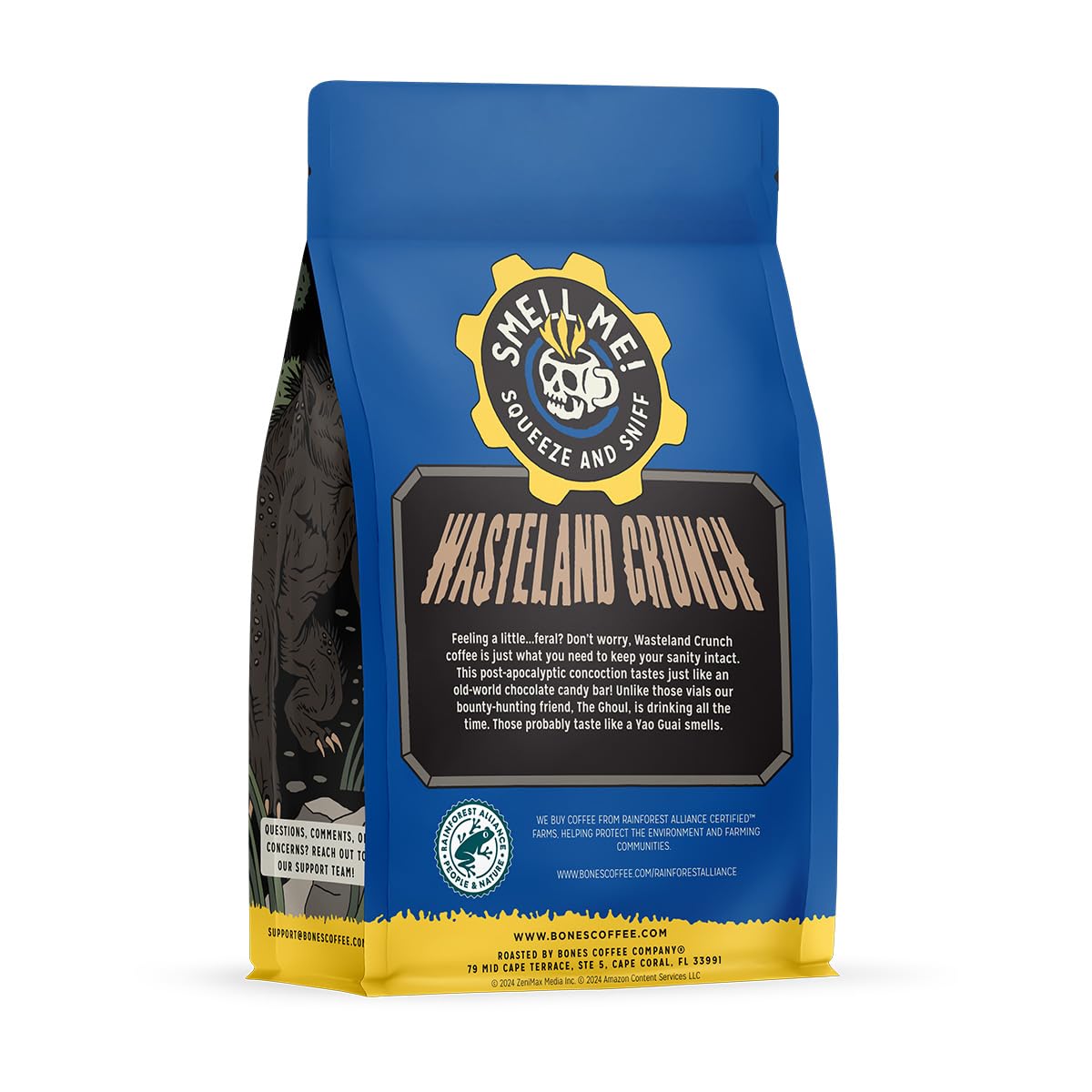 Bones Coffee Company Wasteland Crunch Flavored Ground Coffee Beans Chocolate Candy Bar Flavor | 12 Oz Medium Roast Low Acid Coff