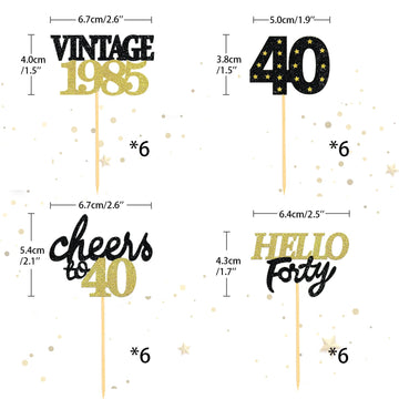 24 Pcs Glitter 40Th Birthday Cupcake Toppers For Celebrating Forty Years Old Birthday Party Decorations (Black&Gold)