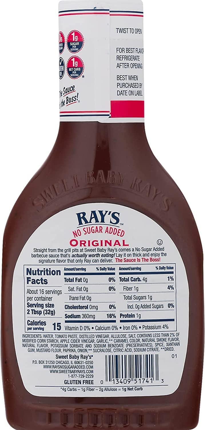 Sweet Baby Ray'S Barbecue Sauce No Sugar Added, Original, 18.5 Ounce. (Pack Of 8)