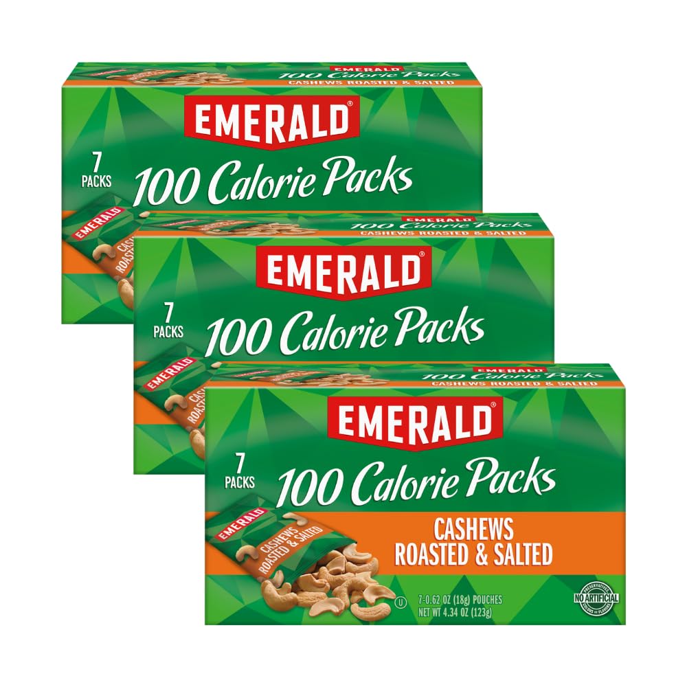 Emerald Nuts Cashews Roasted & Salted, 100 Calorie Packs, 4.34 Oz, Pack of 3