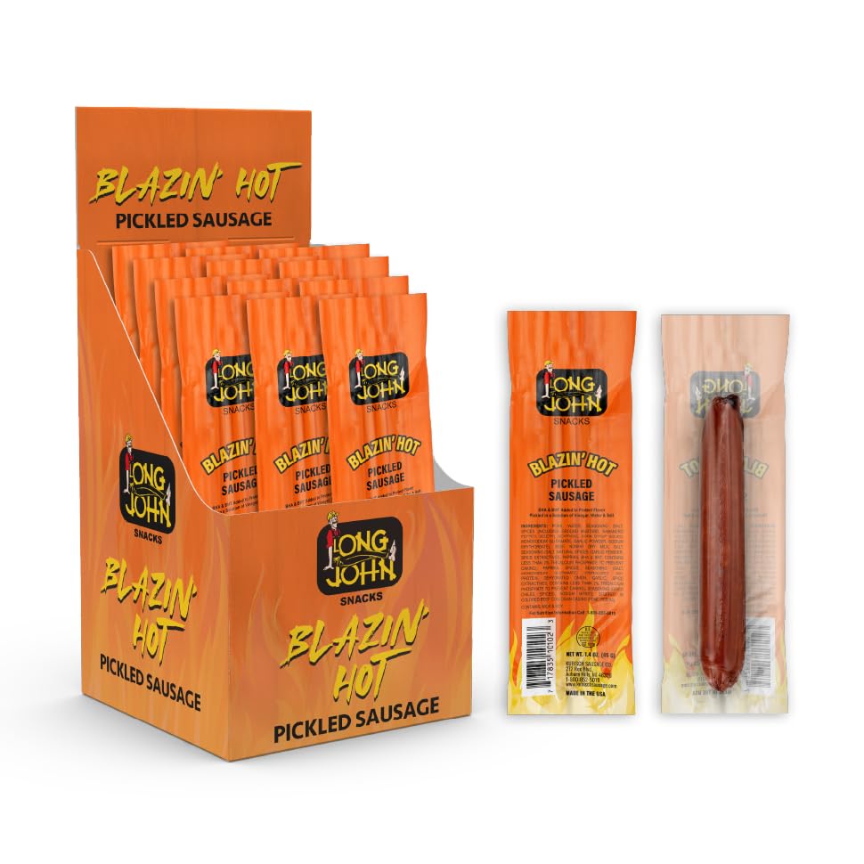 Long John Snacks Blazin Hot Pickled Sausage - Smoked Meat Stick - High Protein, Low Carb, Gluten-Free - 12 Pack