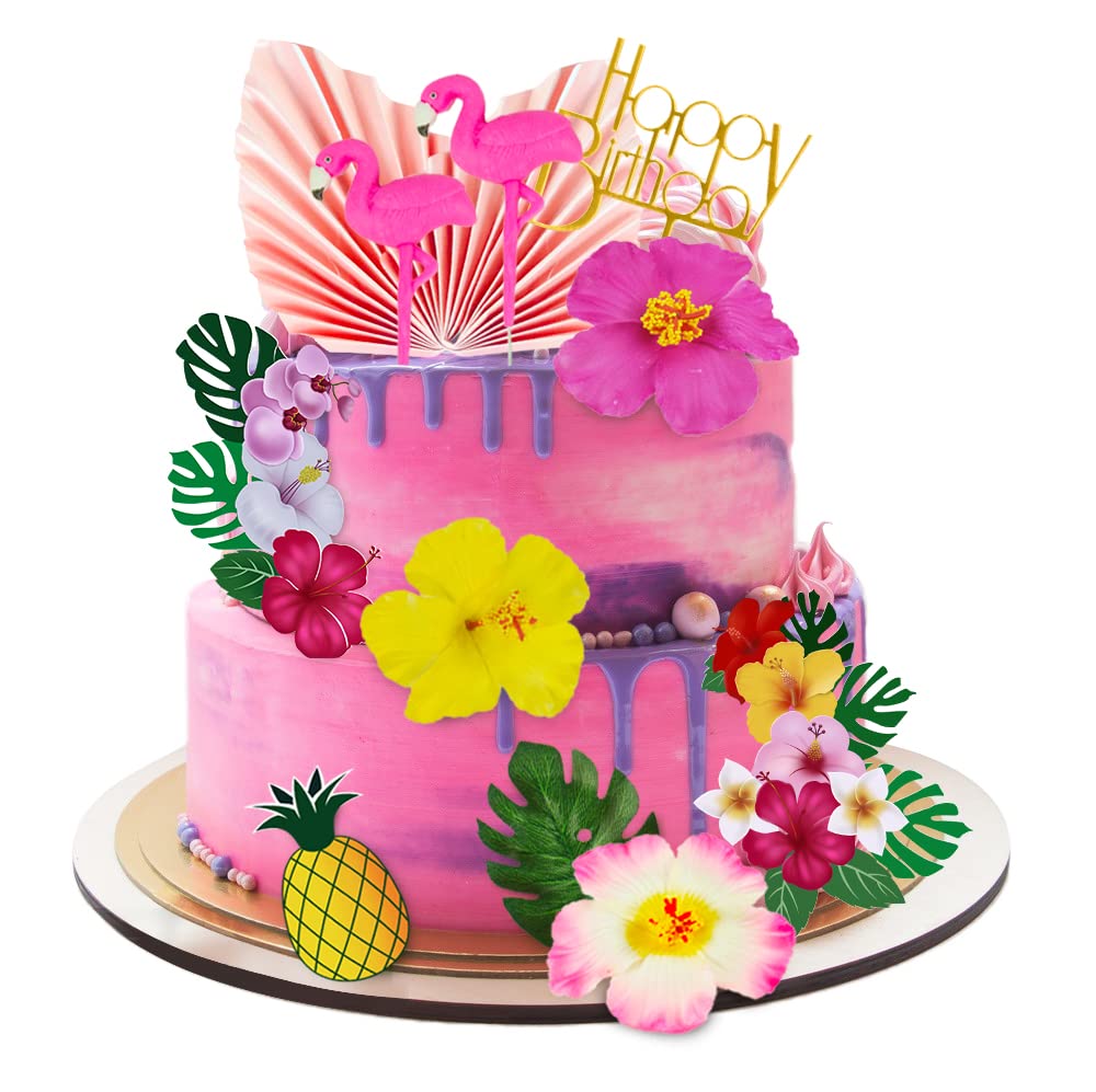12 Pcs Flamingo Cake Toppers Flamingo Palm Leaves Hibiscus Flowers Hawaiian Cake Decorations For Tropical Luau Themed Birthday W
