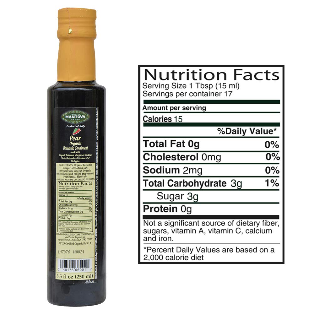 Mantova Organic Pear Balsamic Vinegar, 8.5 Fl Oz, Perfect for Salad Dressing and Cocktails
