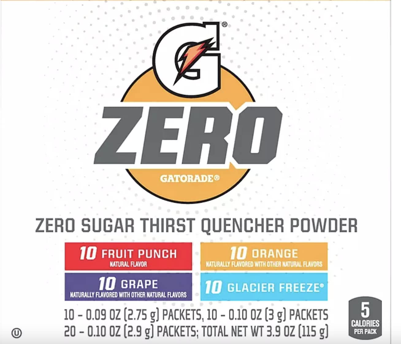 Gatorade G Zero Powder 4 Flavor Variety Pack 10 of Each FlavorPack of 40 0.10oz Glacier Freeze Orange Grape Fruit Punch
