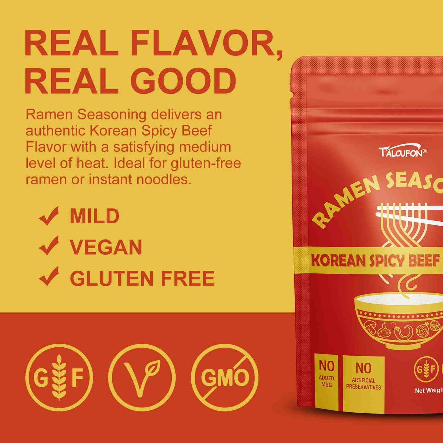 TALCUFON Korean Spicy Beef Ramen Seasoning Reduced Salt Gluten-Free Vegan Korean Noodle Soup Powder for Ramen 10.58 Oz