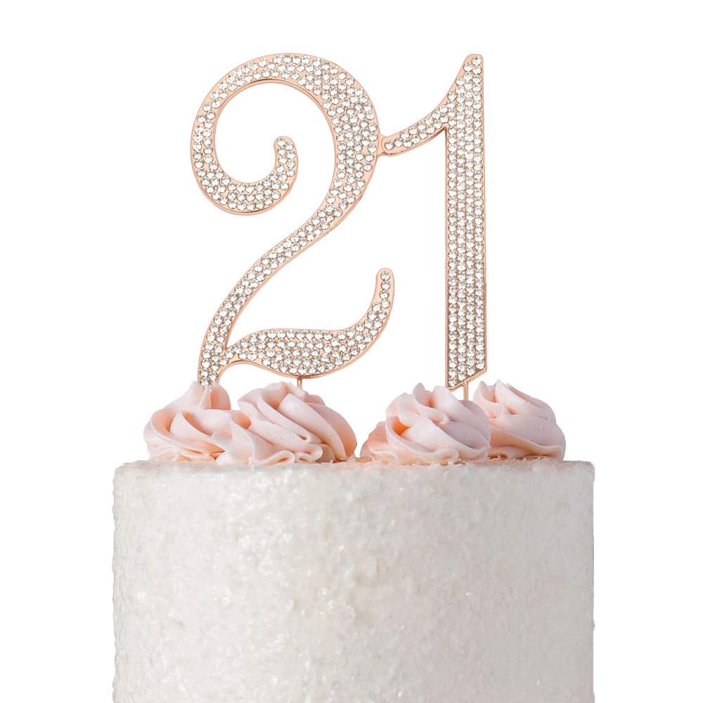 Crystal Creations 21 Cake Topper - Premium Rose Gold Metal, Rhinestone Decoration, 1 Count, Pink, Model 21 Rose
