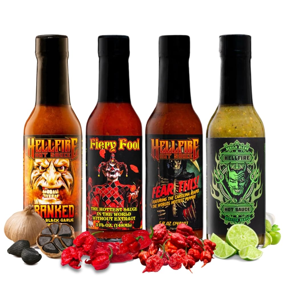 Hellfire Hot Sauce Hot Ones Gift Pack - Gourmet Hot Sauce Variety Pack With 4 Extreme Flavors Featured on Hot Ones TV Show (Four